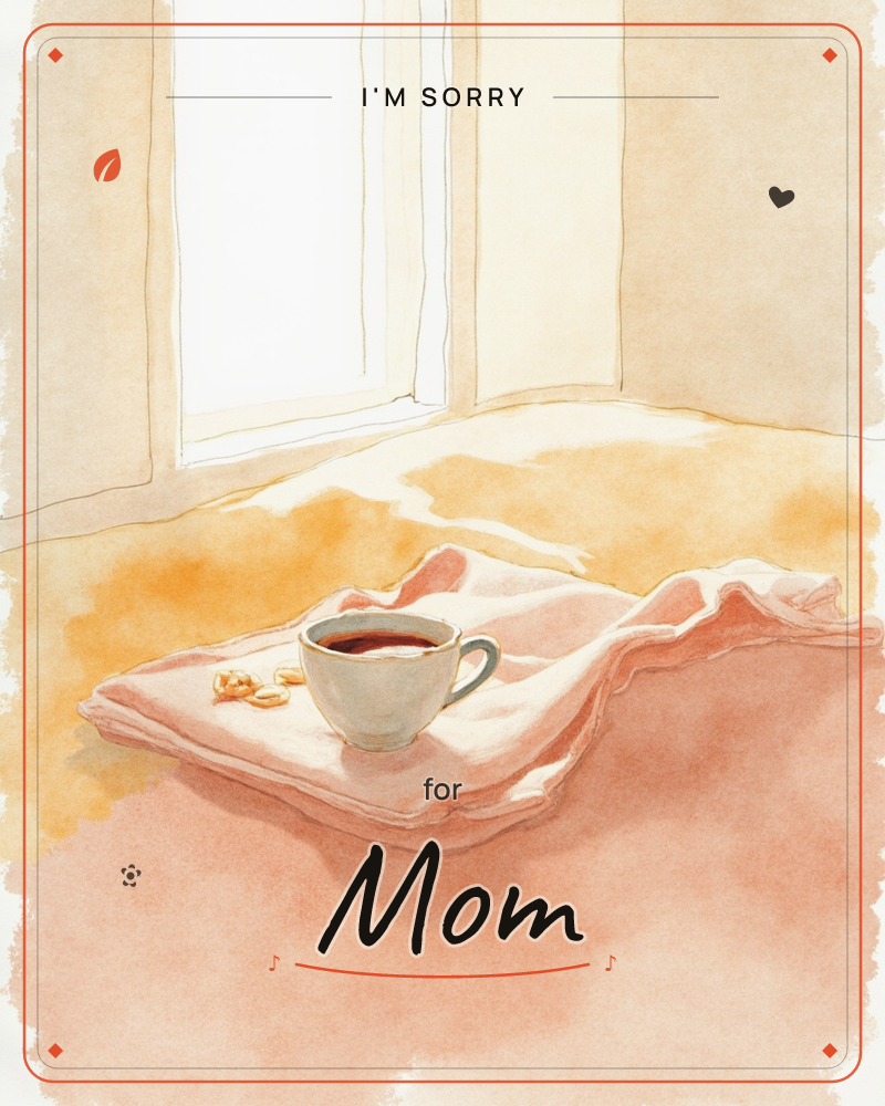 A white teacup filled with dark coffee sits on a rumpled pink blanket beside a scatter of orange peel, warm window light pooling across the fabric in…, a sorry e-card design