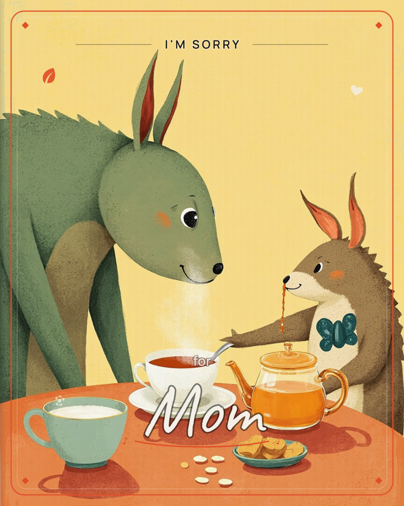 Two whimsical creatures, a tall green long-eared animal and a smaller brown rabbit-like figure, share tea at an orange table against a warm yellow…, a sorry e-card design