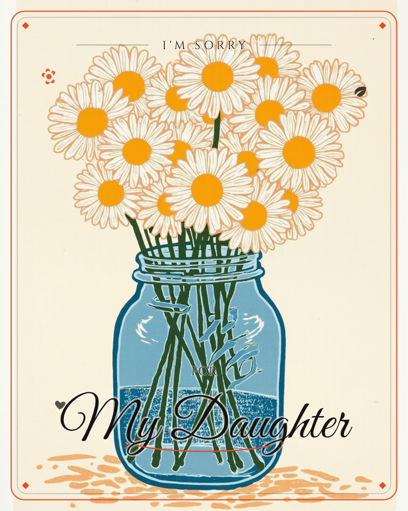 A bunch of white daisies with bold orange centres crowds into a blue glass jar half filled with water, set against a plain cream background, a sorry e-card design