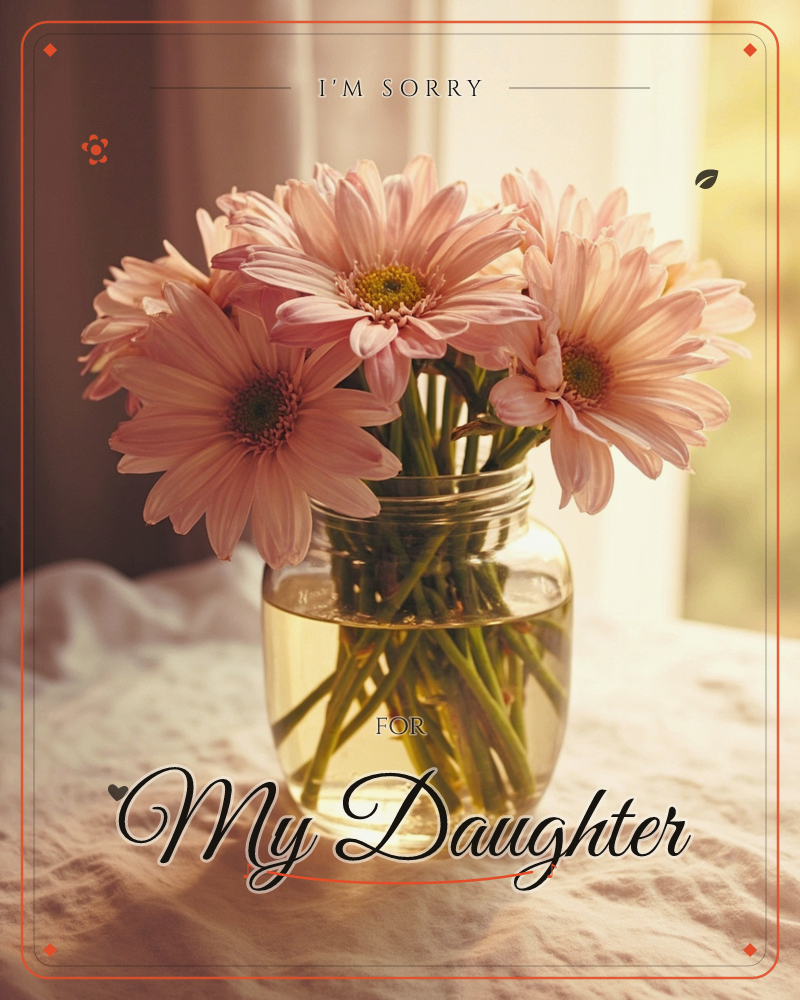 A glass jar of pink gerbera daisies sits on a linen-draped table beside a sunlit window, their stems visible through the water inside, a sorry e-card design