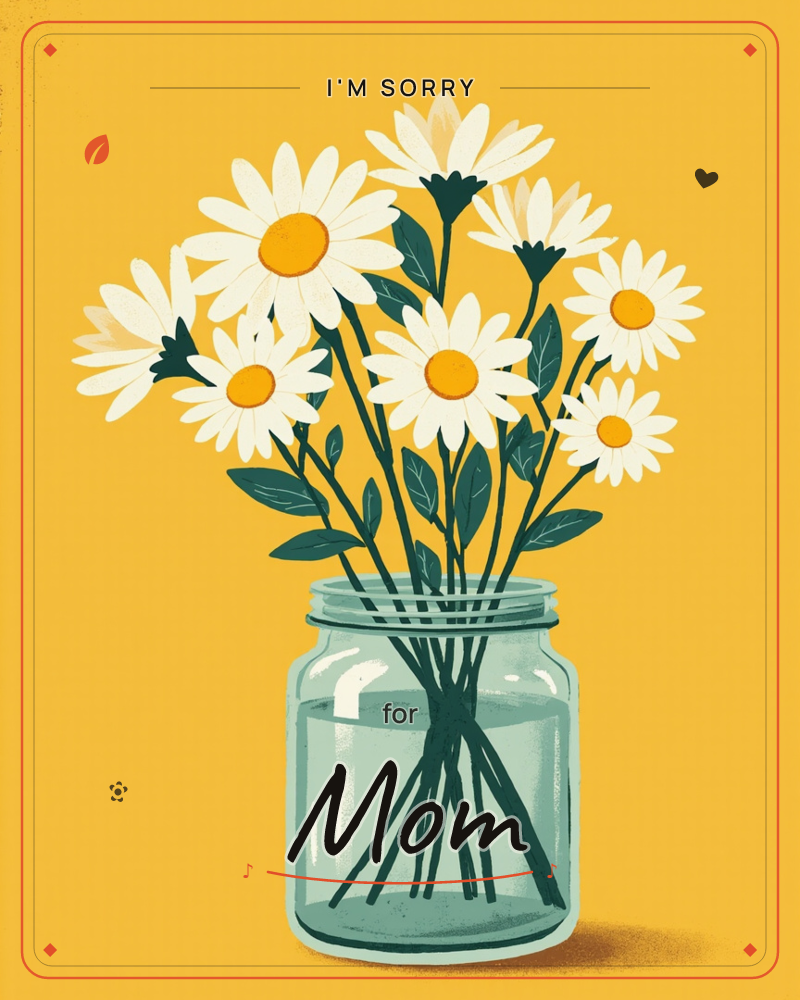 A cluster of white daisies with sunny orange centres stands in a glass mason jar filled with water, set against a bright mustard-yellow background, a sorry e-card design