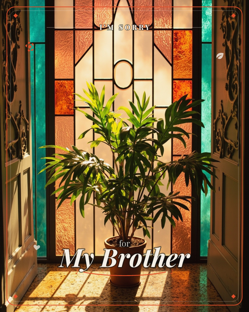 A leafy potted plant stands in an entryway before a tall stained-glass window glowing amber and rust in the afternoon light, a sorry e-card design