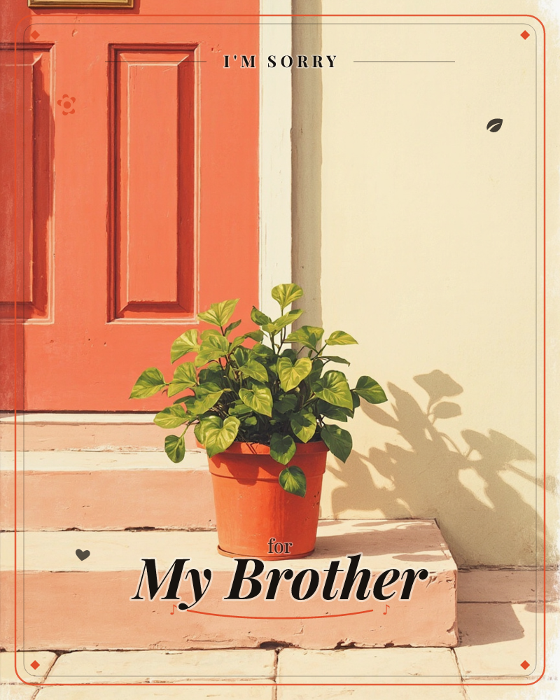 A terracotta pot of leafy green plant sits on a pale pink stone step beside a glossy orange-red panelled front door, a sorry e-card design