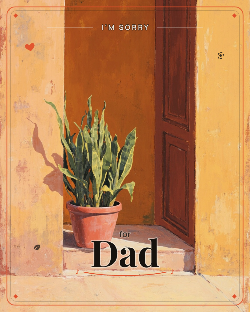 A terracotta pot holding a tall snake plant sits on a sunlit stone step, framed by a deep ochre doorway and a half-open wooden door, a sorry e-card design
