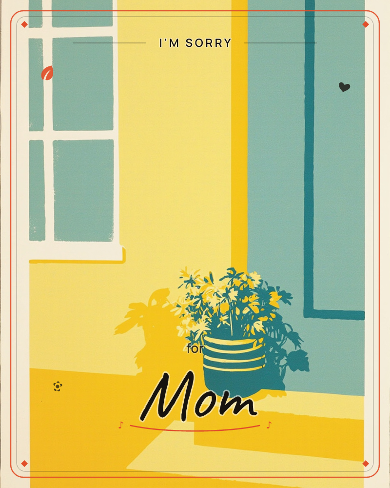 A bold graphic print shows a sunlit doorstep in flat teal and mustard yellow, with a striped potted plant of daisy-like flowers sitting on the step…, a sorry e-card design