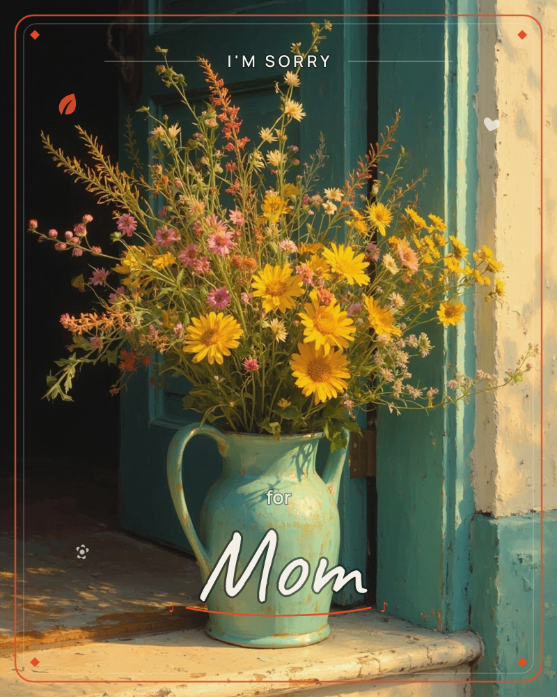 A weathered turquoise pitcher overflows with wildflowers, yellow daisies, pink blooms, and wispy sprigs, set on a sun-bleached windowsill against a dark…, a sorry e-card design