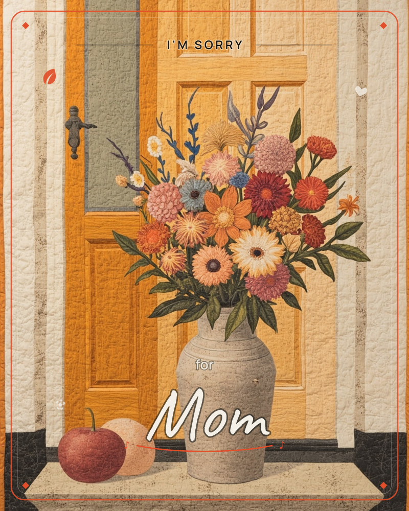 A stone jug crammed with a full autumn bouquet, zinnias, dahlias, daisies and gerberas in rust, coral and lavender, sits on a doorstep before a…, a sorry e-card design