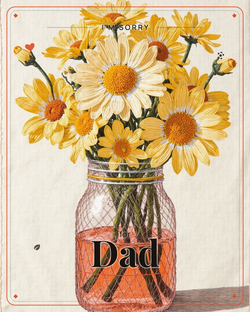 A cluster of yellow daisies stands in a glass jar filled with pale pink-tinted water, rendered in dense embroidery-like stitching on a natural linen…, a sorry e-card design