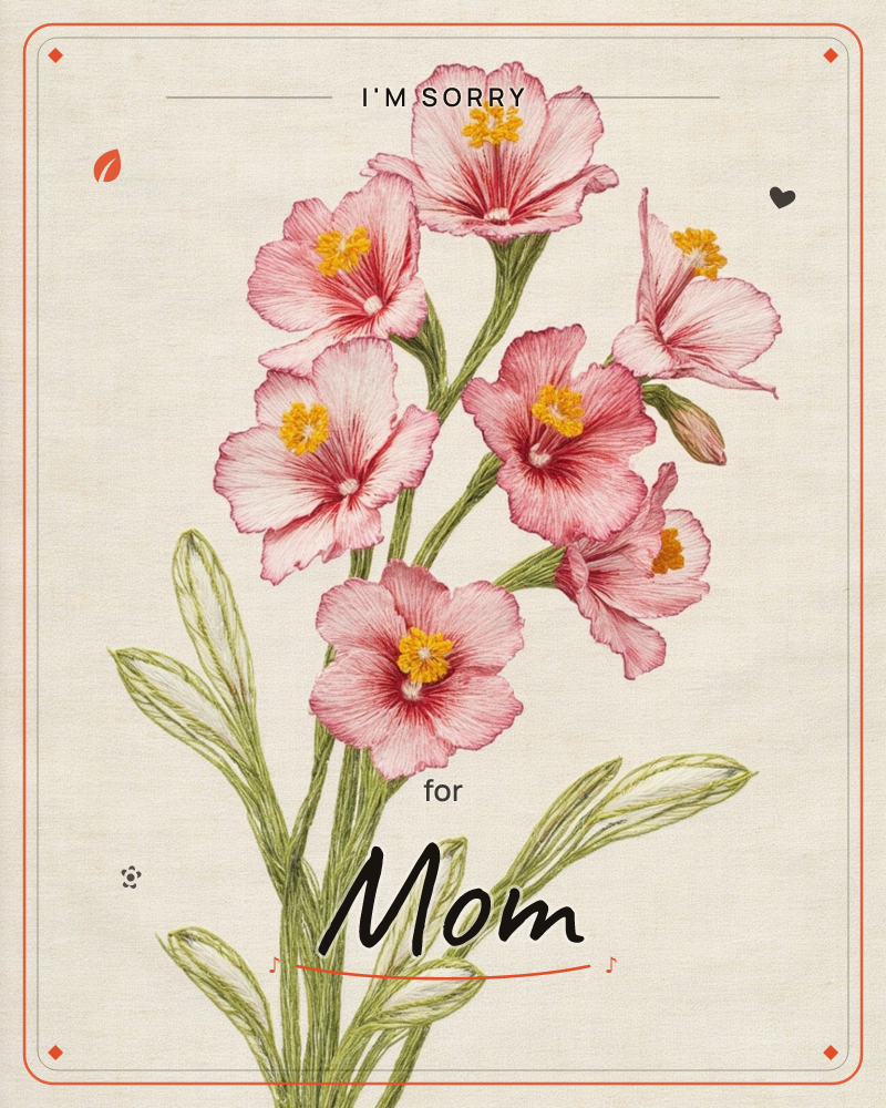 A single stem of pink wild-rose-like blooms is rendered in fine embroidered stitching against a plain linen-textured background, a sorry e-card design