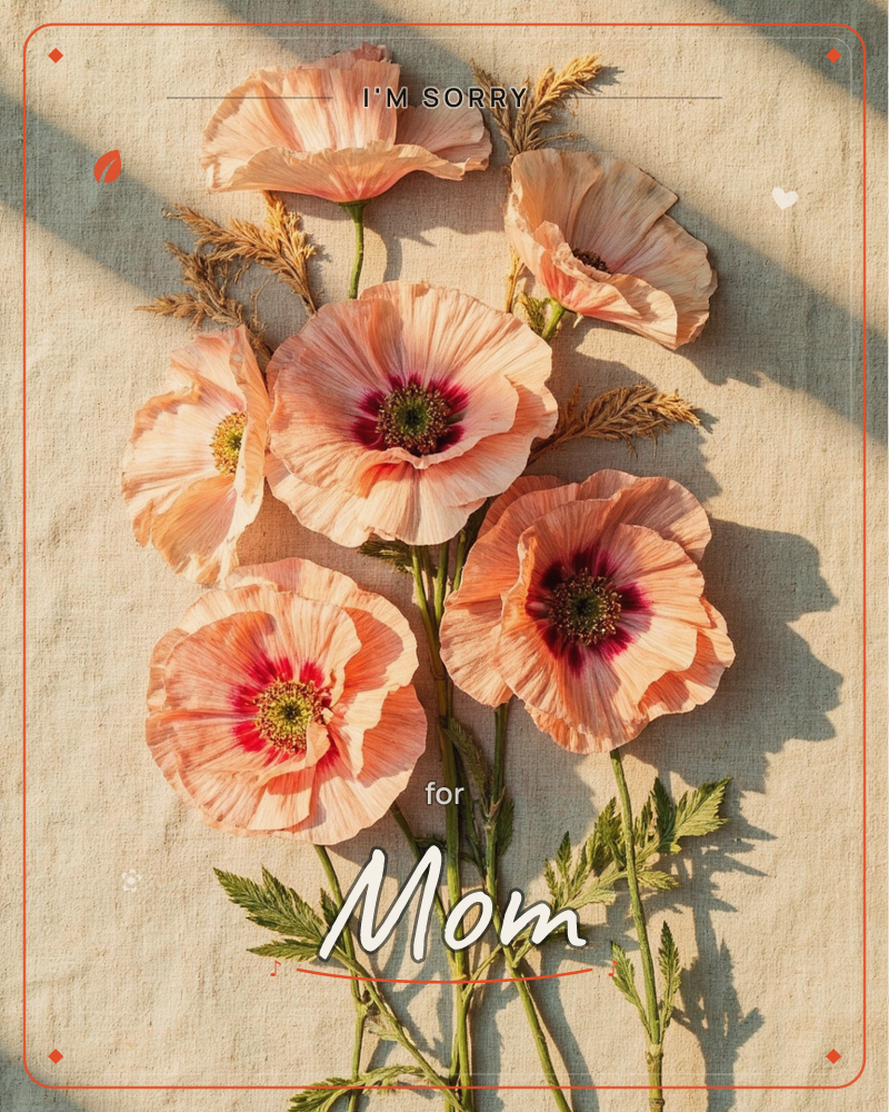 A cluster of peach-toned poppies lies flat against coarse linen, their crepe-thin petals catching a raking band of sunlight that throws long striped…, a sorry e-card design