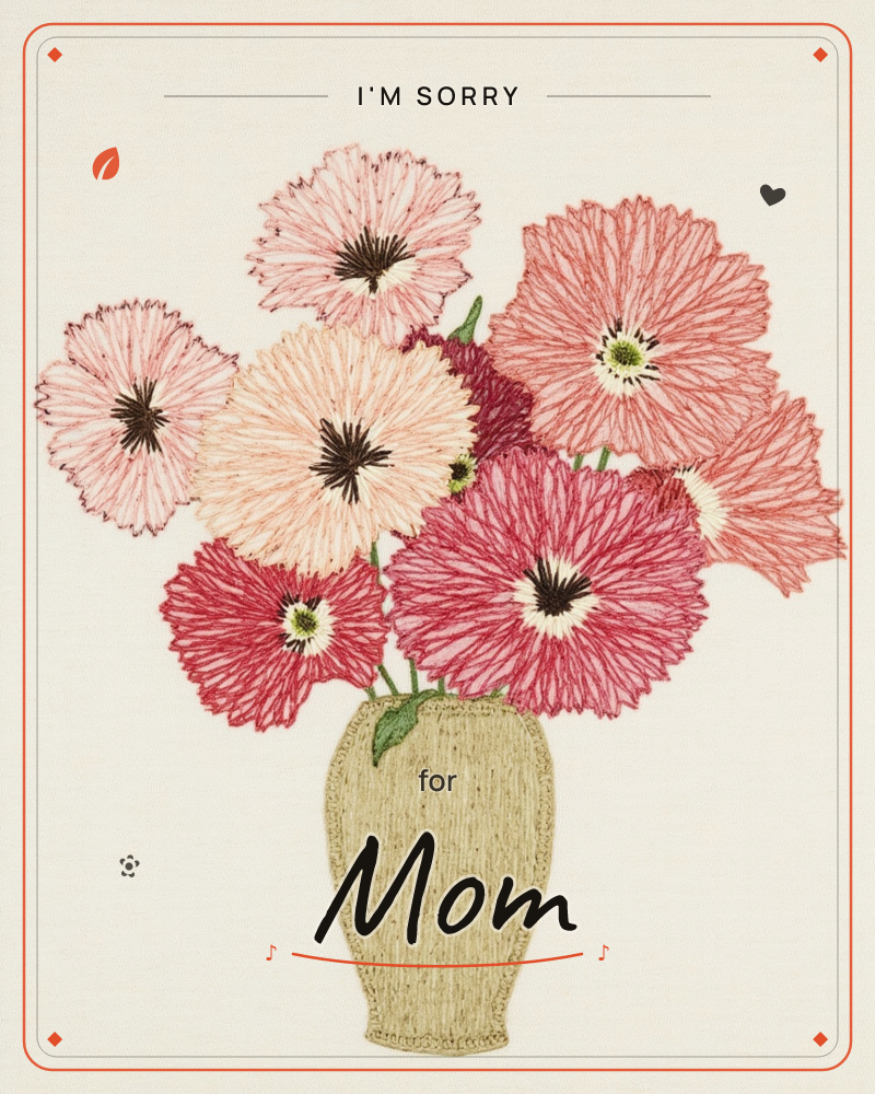 A bouquet of large zinnias in shades of pink and coral sits in a textured olive-green vase, rendered with dense fine-line stitching that gives every…, a sorry e-card design