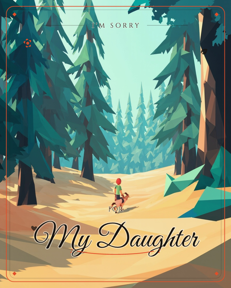 A low-poly forest scene shows a small path winding between tall angular pine trees, sunlight breaking through in warm golden patches on the trail, a sorry e-card design