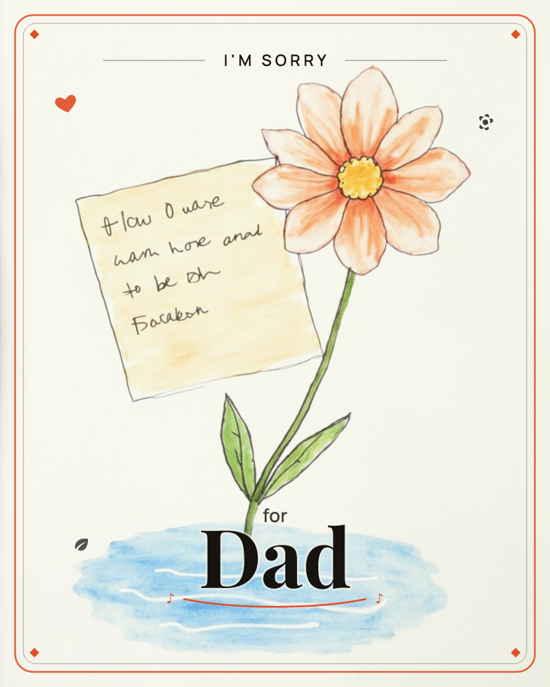 A single peach-orange flower with a sunny yellow centre rises from a small blue puddle, its green stem holding a scrap of tan paper with looping…, a sorry e-card design