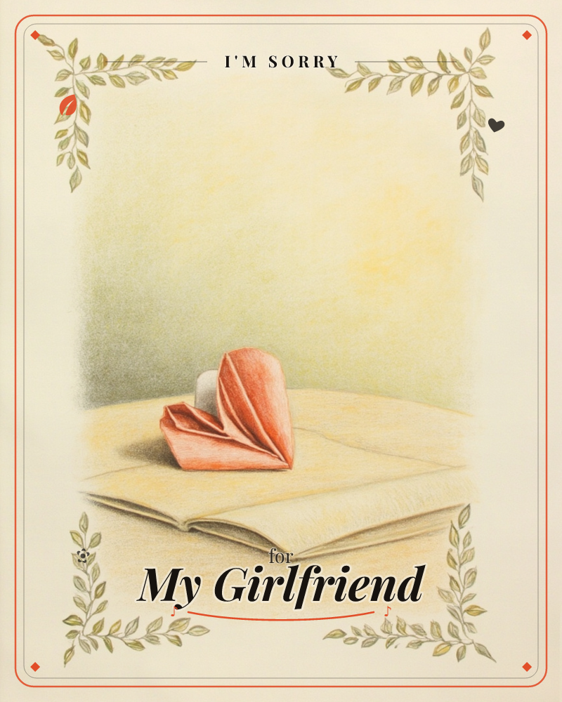 A folded paper heart, creased and slightly imperfect, rests atop an open book on a softly lit tabletop, a sorry e-card design
