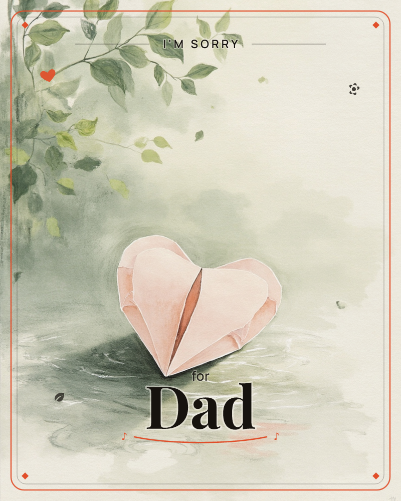 A pale pink origami heart floats like a little paper boat on still, misty water, its folded seam catching a soft coral glow from within, a sorry e-card design