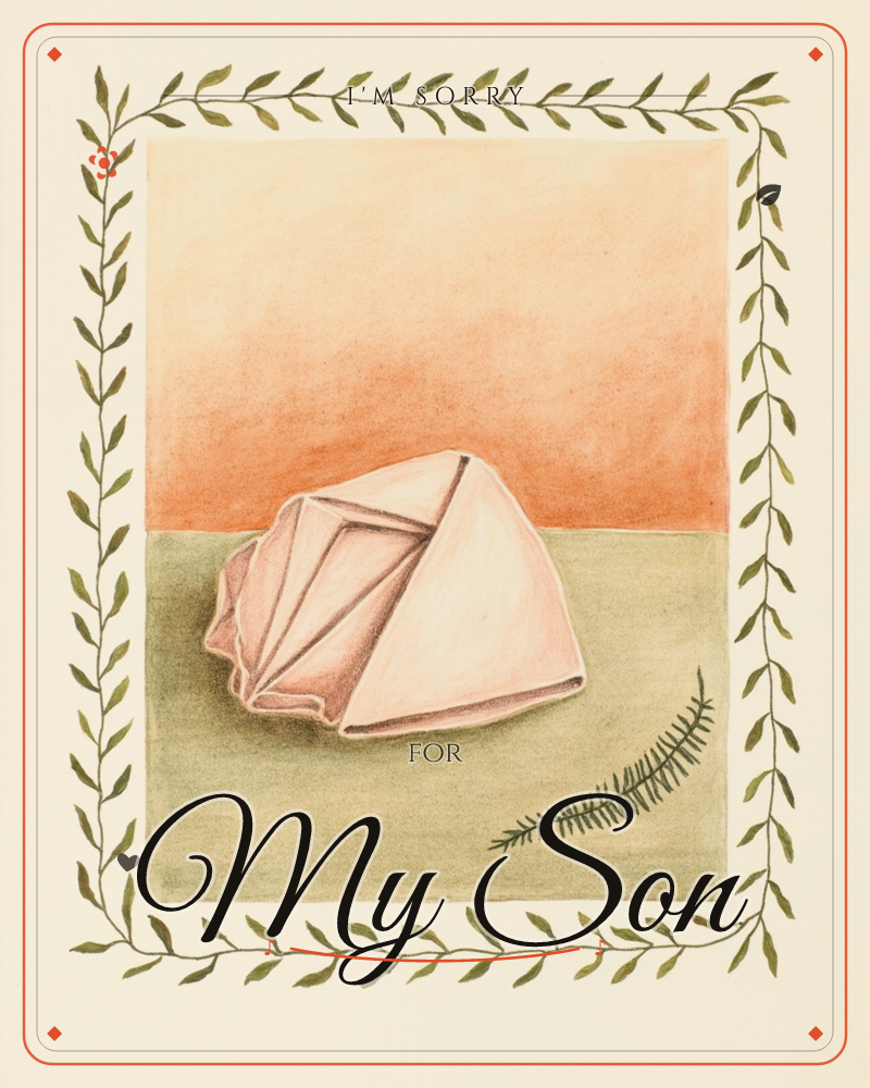 A large pink conch shell rests on a sage-green surface beneath a warm orange sky, with a single feathery green sprig lying beside it, a sorry e-card design