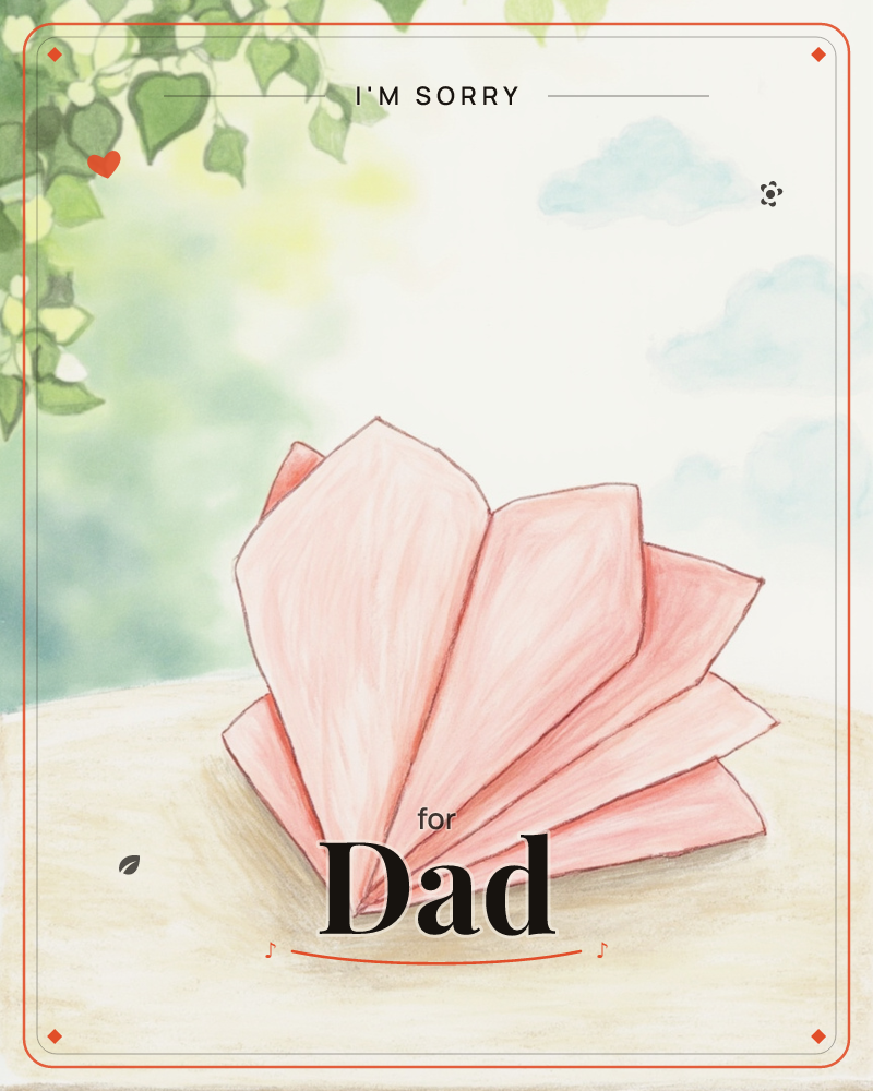 A pink paper napkin is folded into a fan and set upright on a sandy tabletop, its pleats catching soft light like petals, a sorry e-card design