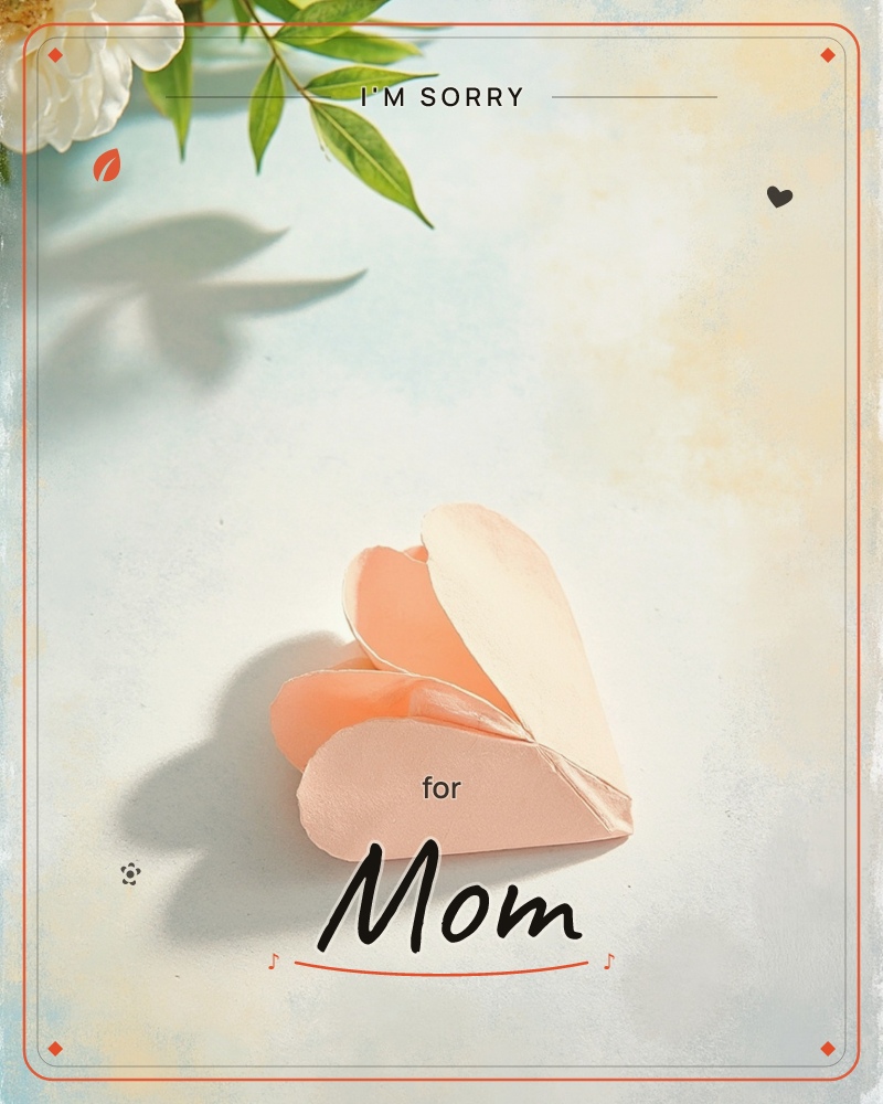 A folded paper heart in soft blush pink sits on a pale, textured surface, caught in bright sunlight with a crisp shadow stretching behind it, a sorry e-card design