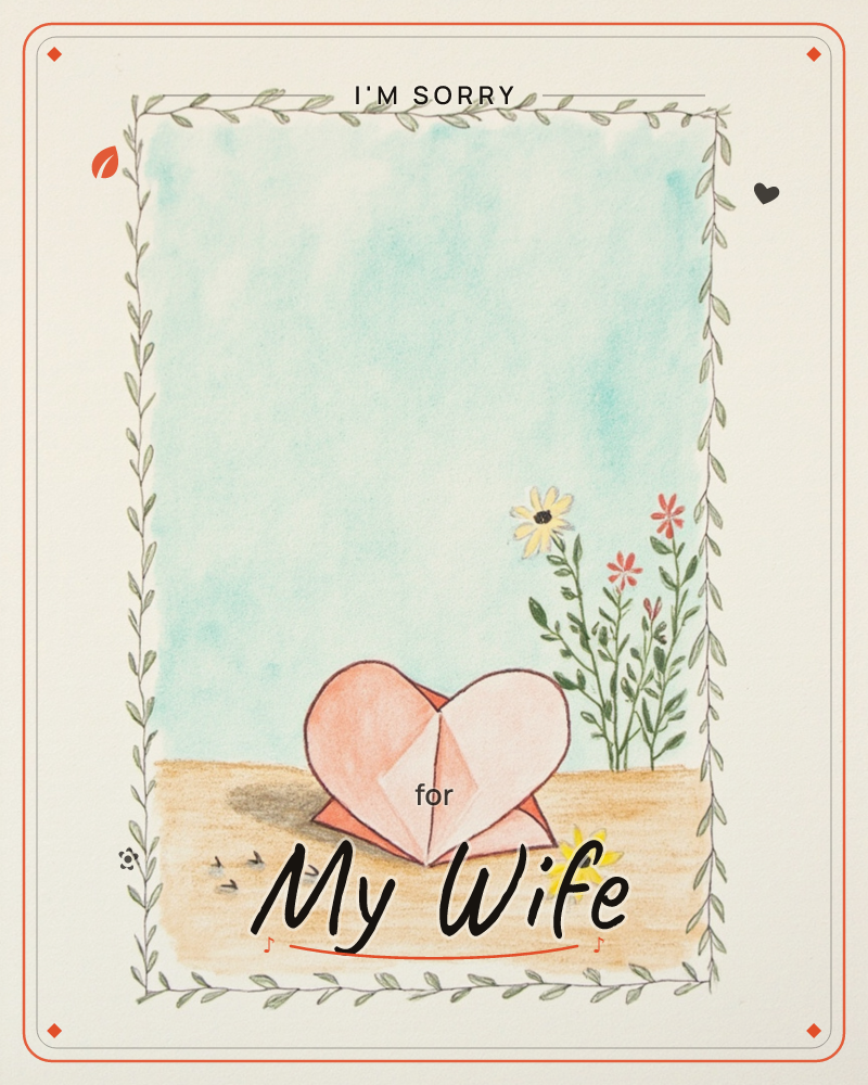 A folded paper heart, origami-style with visible creases, sits on a sandy ground beside tall wildflowers in yellow and coral, a sorry e-card design