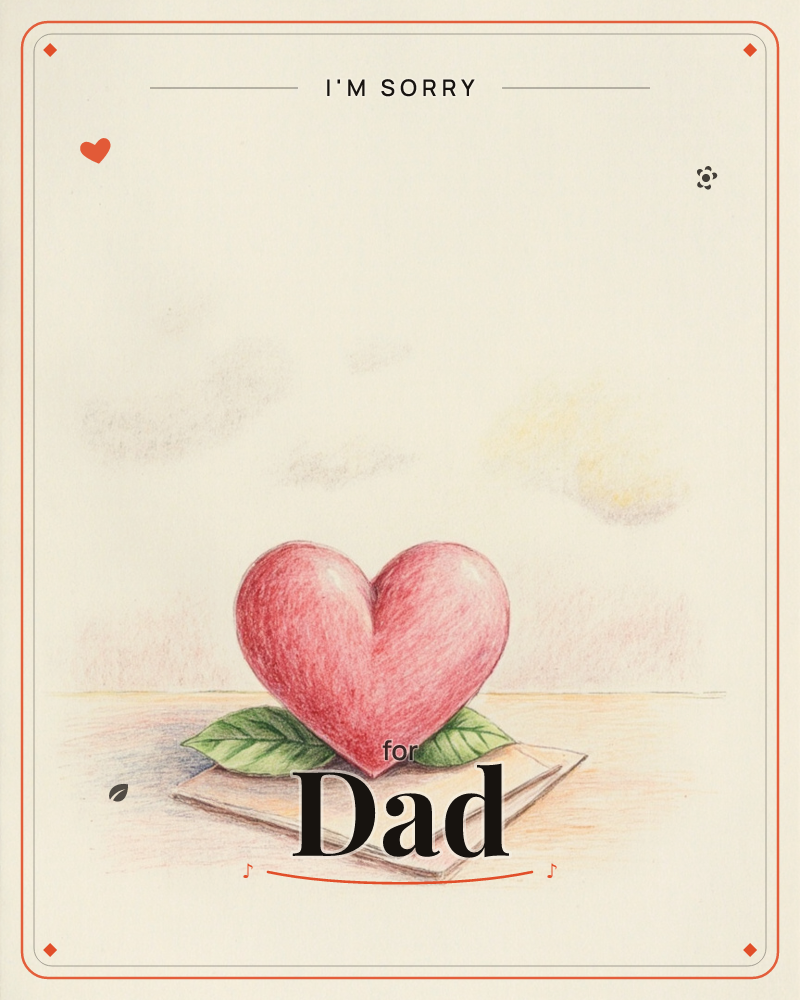 A single rosy-pink heart rests on two green leaves atop a folded paper note, set against a soft cream sky streaked with pale gold and lavender clouds, a sorry e-card design
