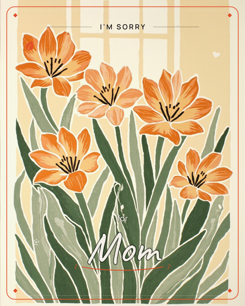 A cluster of five orange lily-like blooms rises against a pale window backdrop rendered in flat panes of cream and tan, a sorry e-card design
