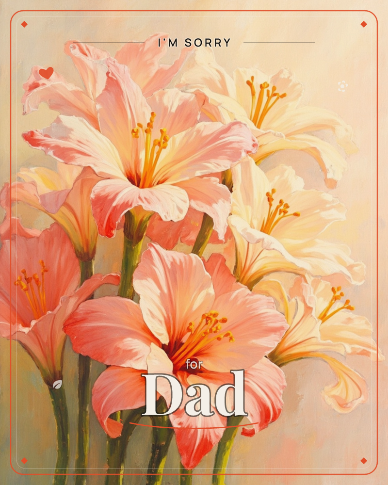 A cluster of large trumpet-shaped lilies fills the frame, their petals ranging from coral-pink to pale cream, each bloom curling back to reveal long…, a sorry e-card design