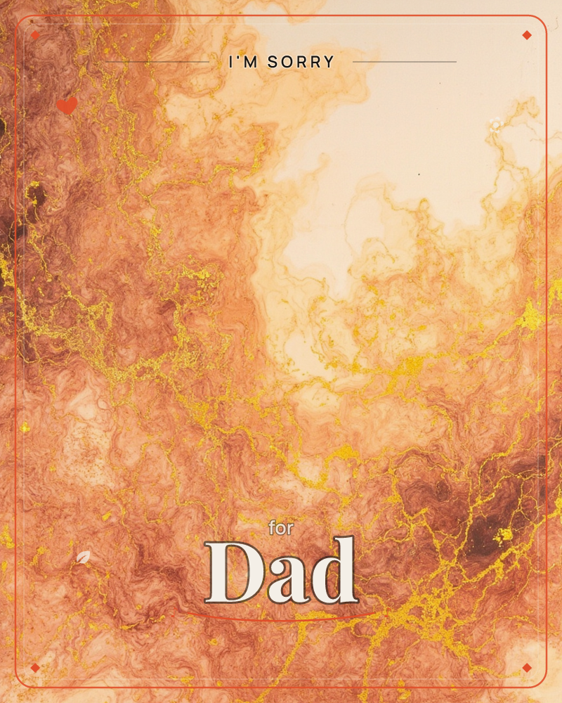An abstract fluid-art pattern swirls in warm terracotta and amber tones across a pale cream background, with fine threads of gold pigment tracing…, a sorry e-card design