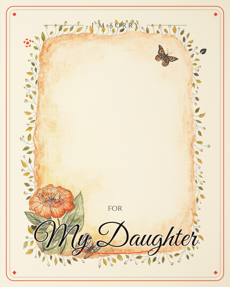 A cream card bordered with a delicate trail of hand-drawn leaves and budding sprigs encircles a softly smudged orange-toned frame, a sorry e-card design