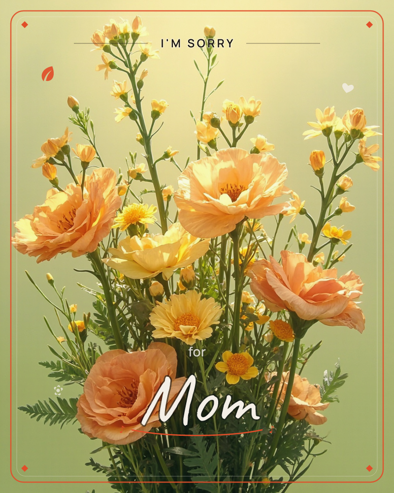 A bouquet of peach and apricot poppies mingles with tall sprays of small yellow wildflowers and feathery green fern fronds, all set against a soft…, a sorry e-card design
