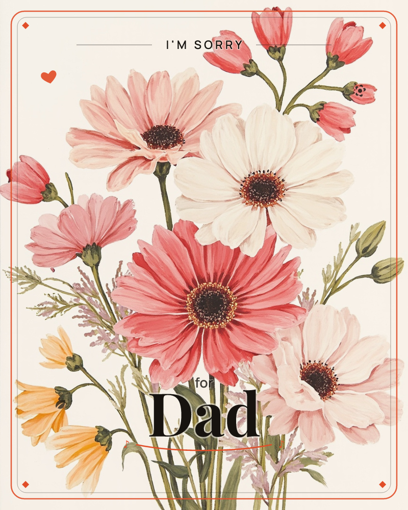 A loose bouquet of daisy-like blooms fills the page against a plain cream background, mixing coral-red, blush pink, white and small yellow flowers with…, a sorry e-card design