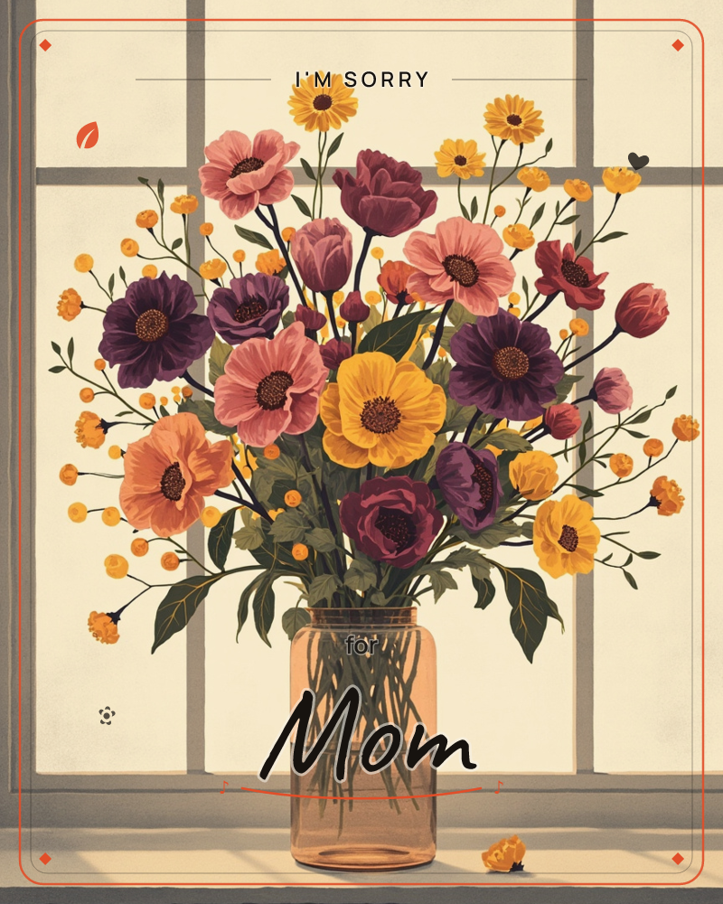 A glass jar overflowing with pink, plum, and marigold-yellow blooms sits on a windowsill, backlit by soft cream light through paned glass, a sorry e-card design