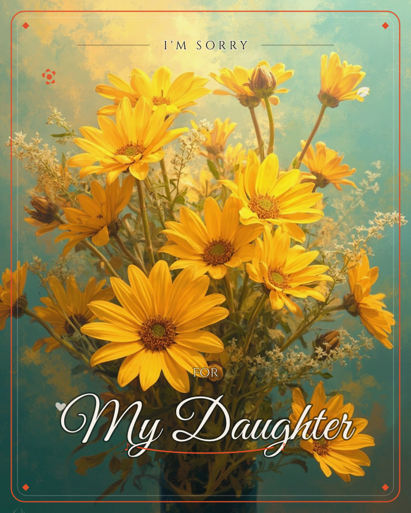A dense bouquet of golden-yellow daisies fills the frame, their petals catching a warm glow against a soft teal background, a sorry e-card design