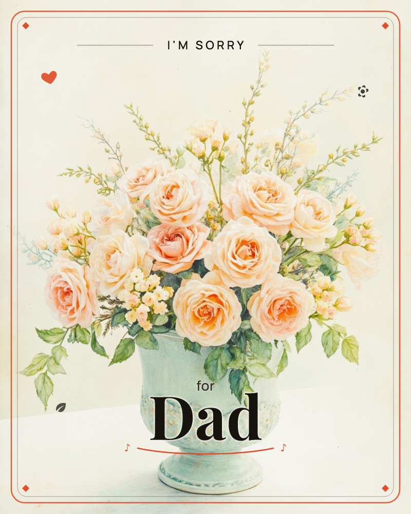 A full bouquet of peach and cream roses fills an ornate pale mint urn-shaped vase, with sprays of tiny white blossoms and feathery green stems reaching…, a sorry e-card design