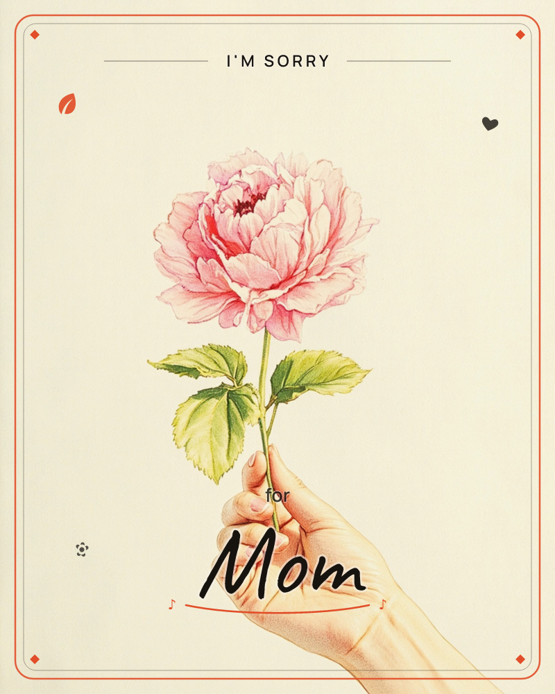 A hand rises from the bottom edge of the card, holding out a single full-bloomed pink peony by its green stem against a plain warm cream background, a sorry e-card design