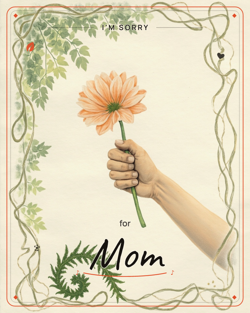 A single arm reaches in from the right, hand gently gripping the stem of one large peach-orange daisy held out toward the viewer, a sorry e-card design