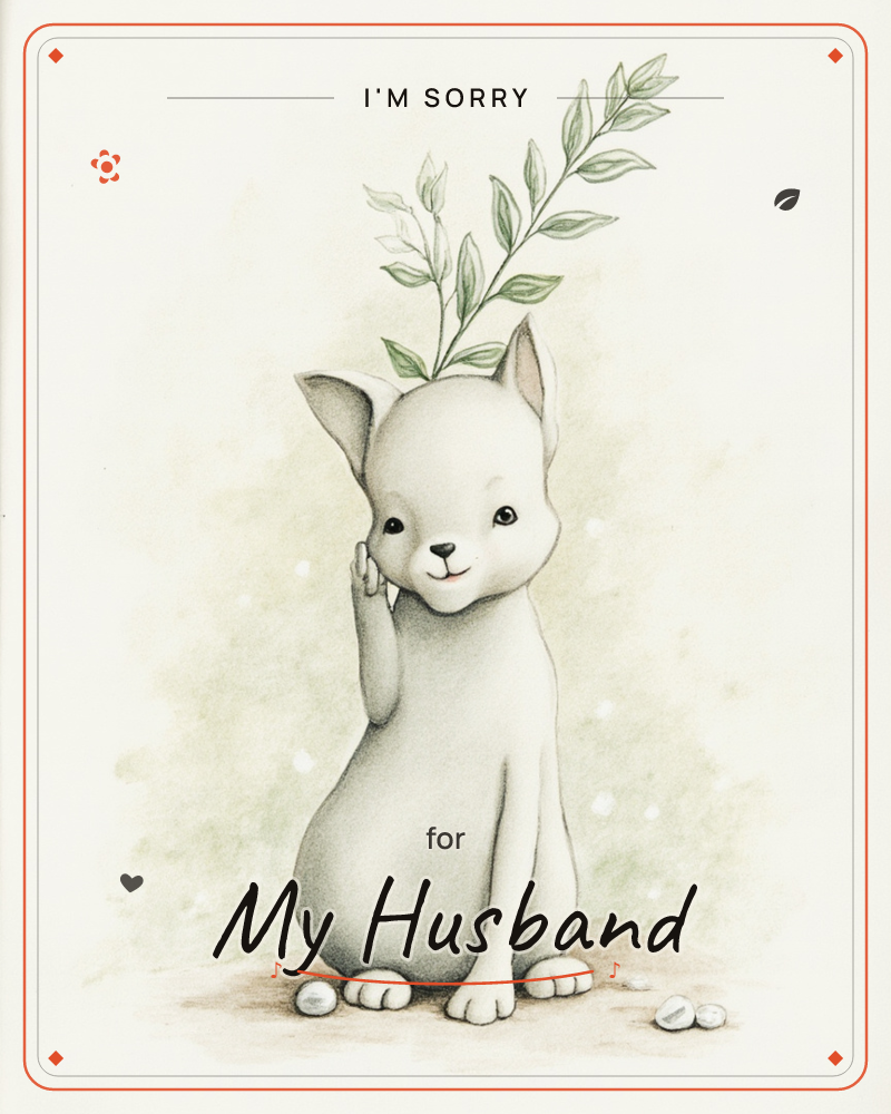 A small, round-bodied bunny sits with one paw raised near its cheek, a slender leafy sprig sprouting from behind its ears like a tiny crown, a sorry e-card design