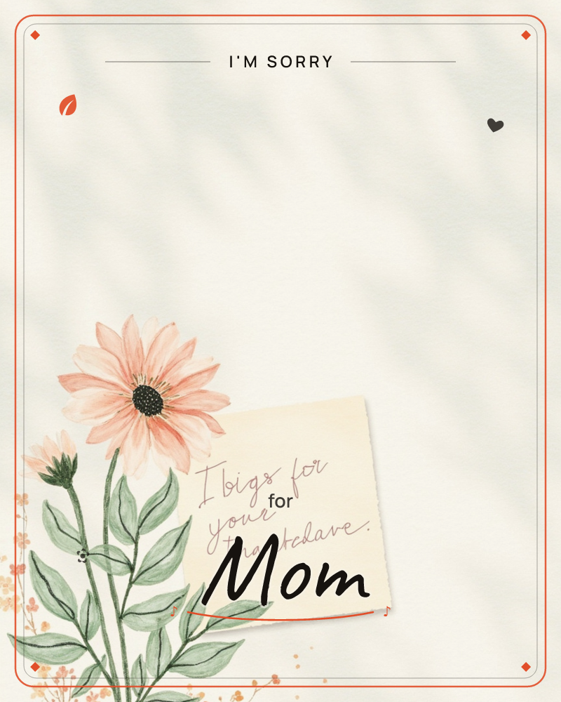 A soft cream page is dappled with leafy shadow light, as if sitting near a sunlit window, a sorry e-card design