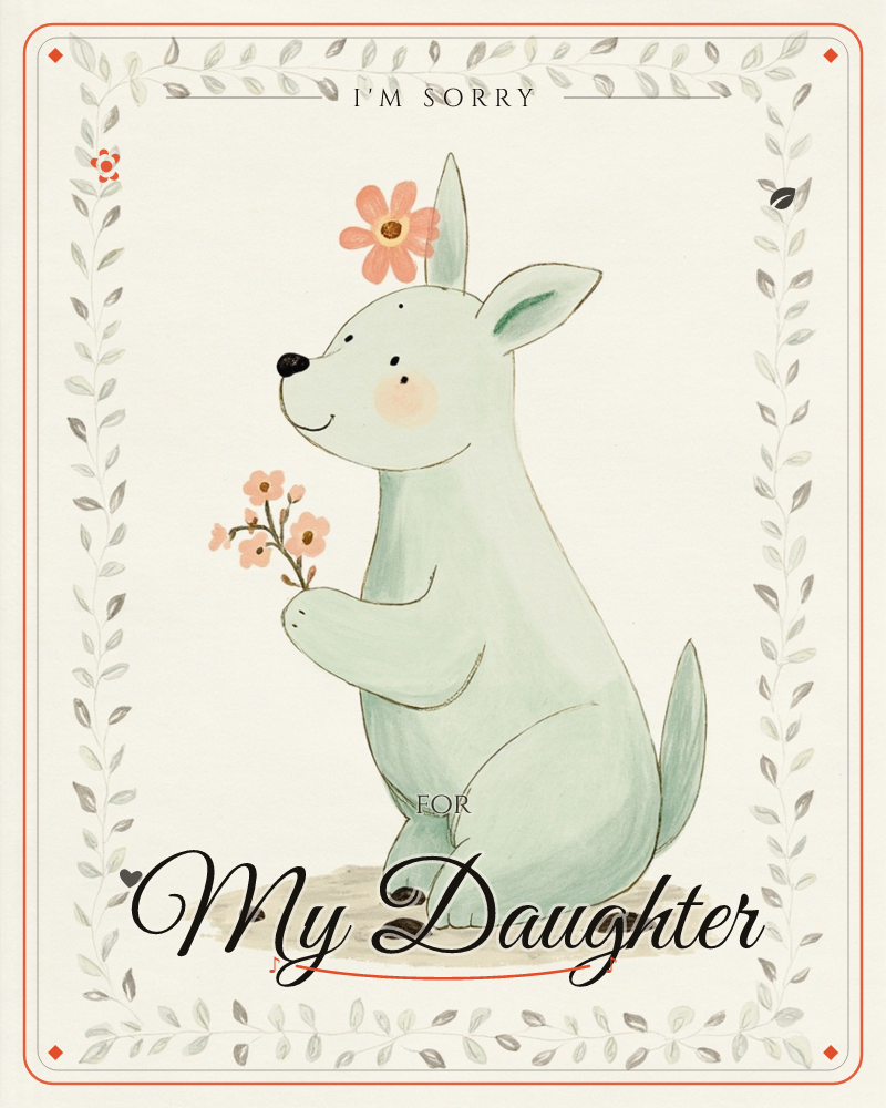 A soft mint-green kangaroo-like creature sits upright on a pale ground, holding a small bunch of coral-pink flowers and wearing a matching blossom…, a sorry e-card design