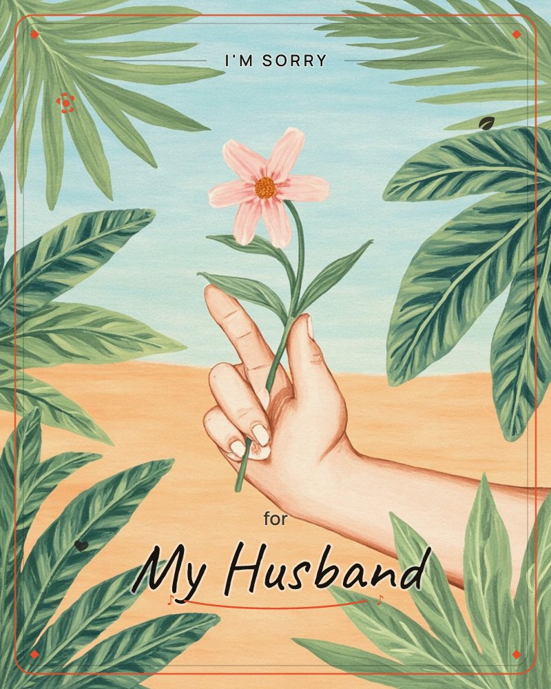 A single hand reaches in from the edge of the frame, holding a delicate pink flower by its stem, set against a sandy desert floor and pale turquoise sky, a sorry e-card design