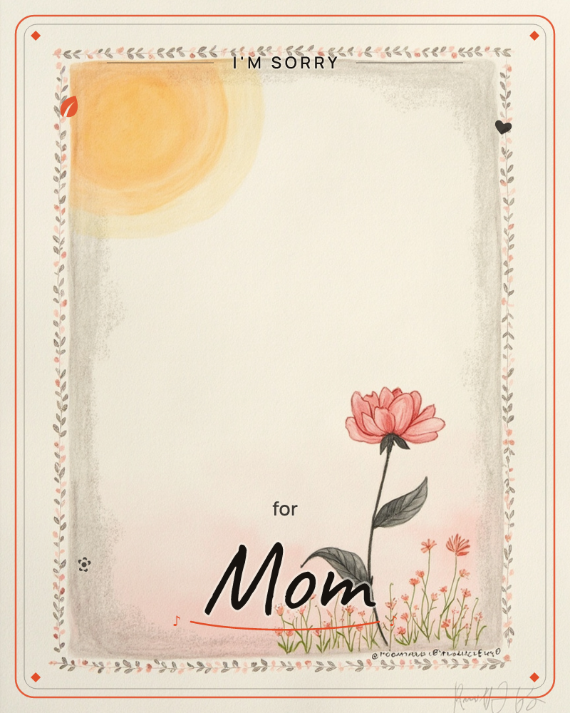 A soft watercolour sun glows in the upper corner of a cream page, while a single pink peony rises on a dark stem beside a scatter of small wildflowers…, a sorry e-card design