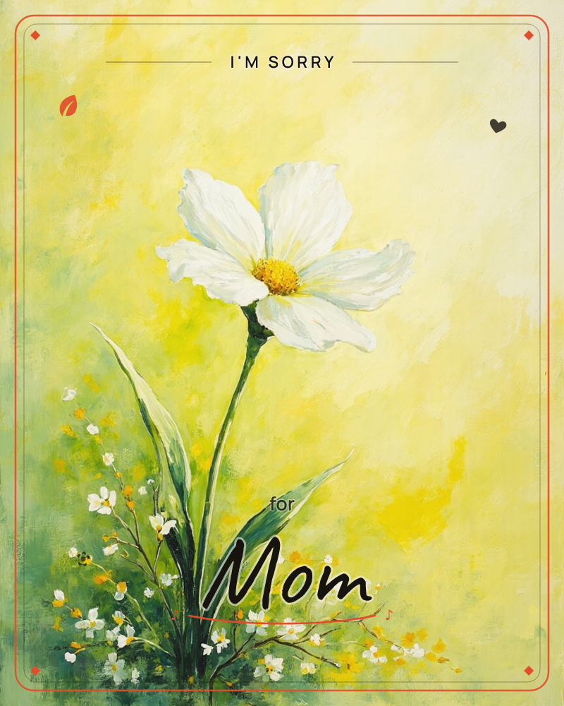 A single white cosmos flower with a golden centre stands tall on a slender green stem, surrounded by a scattering of tiny white blossoms and long…, a sorry e-card design