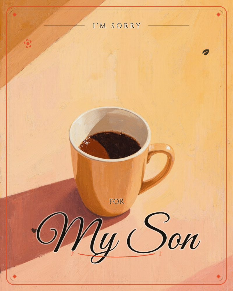 A yellow mug of black coffee sits on a sunlit tabletop, half in shadow and half caught by a sharp diagonal beam of light, a sorry e-card design
