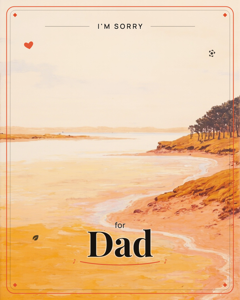 A wide sandbar curves along a quiet estuary, painted almost entirely in warm gold and amber tones under a hazy pale sky, a sorry e-card design