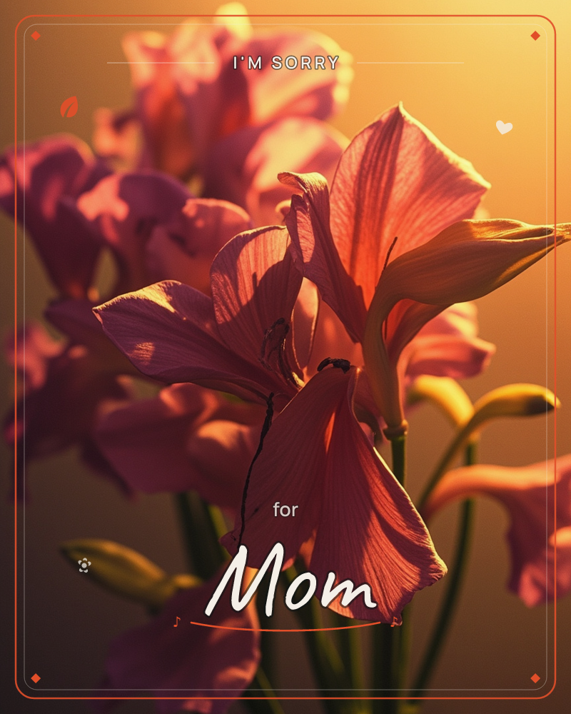 A cluster of gladiolus blooms glows in warm backlight, their pink petals almost translucent against a golden-amber background, a sorry e-card design
