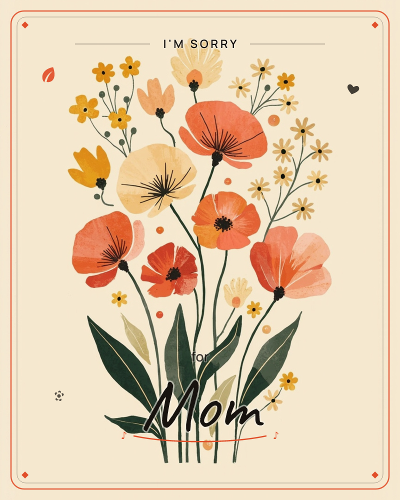 A tall bouquet of poppies and small daisy-like blooms rises on slender dark stems against a soft cream background, painted in warm coral, apricot and…, a sorry e-card design