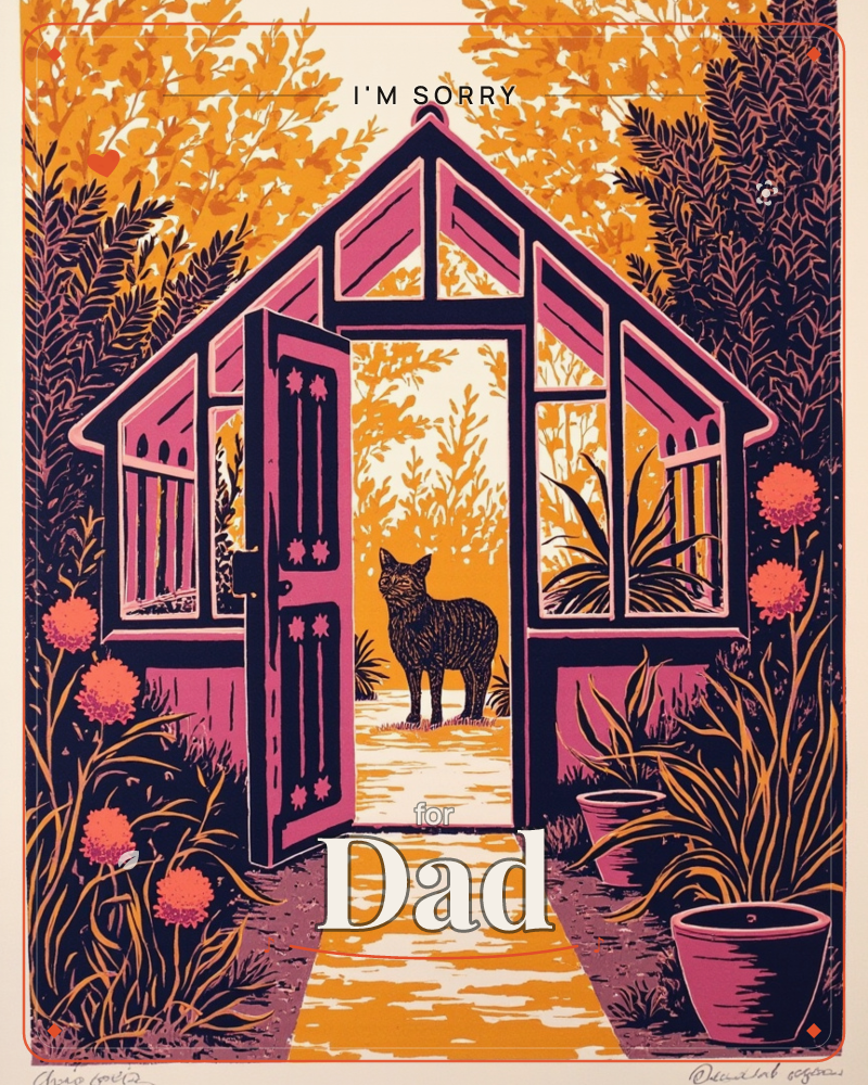 A linocut-style print shows a pink-framed greenhouse with its door flung open, glowing amber light spilling through from a wild garden beyond, a sorry e-card design