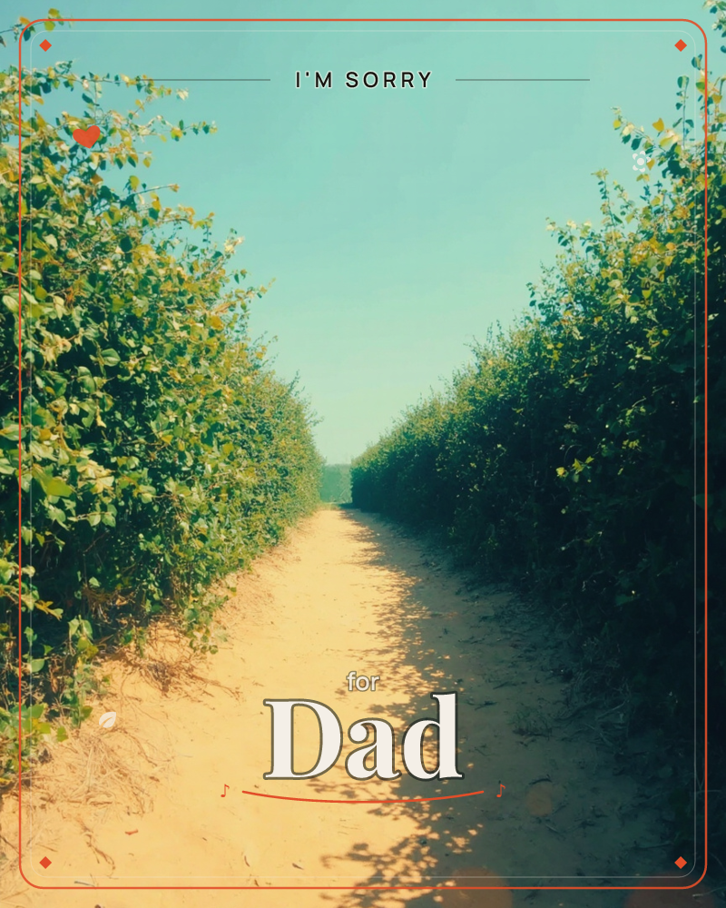 A sandy path stretches straight ahead between two tall, dense hedgerows, framed by a pale turquoise sky, a sorry e-card design