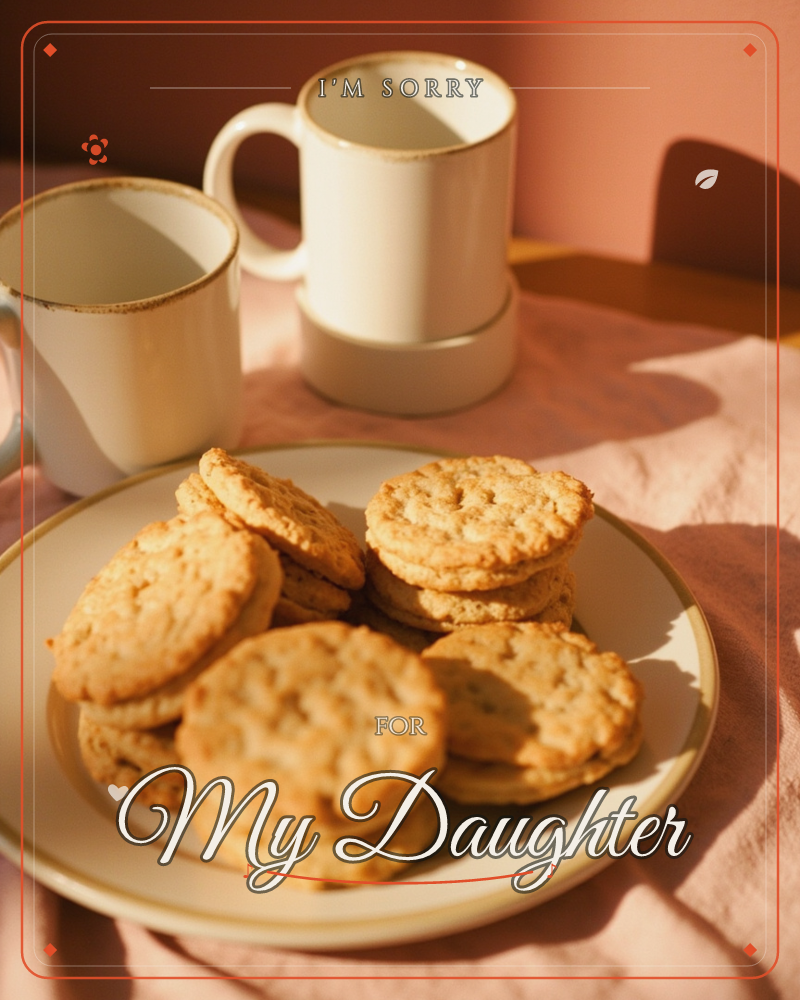 A plate piled with round, golden-baked cookies sits on a dusty pink tablecloth, two empty white mugs waiting behind it, a sorry e-card design