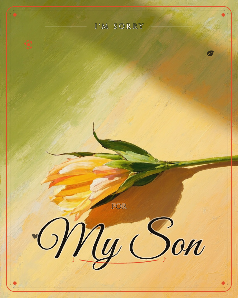 A single tulip lies on its side across a warm yellow surface, its stem stretching off to the right edge and its bloom half-closed with streaks of…, a sorry e-card design