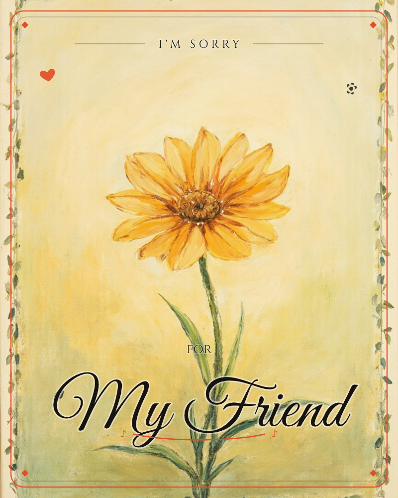 A single golden daisy stands tall on a leafy green stem against a soft, glowing yellow background, a sorry e-card design